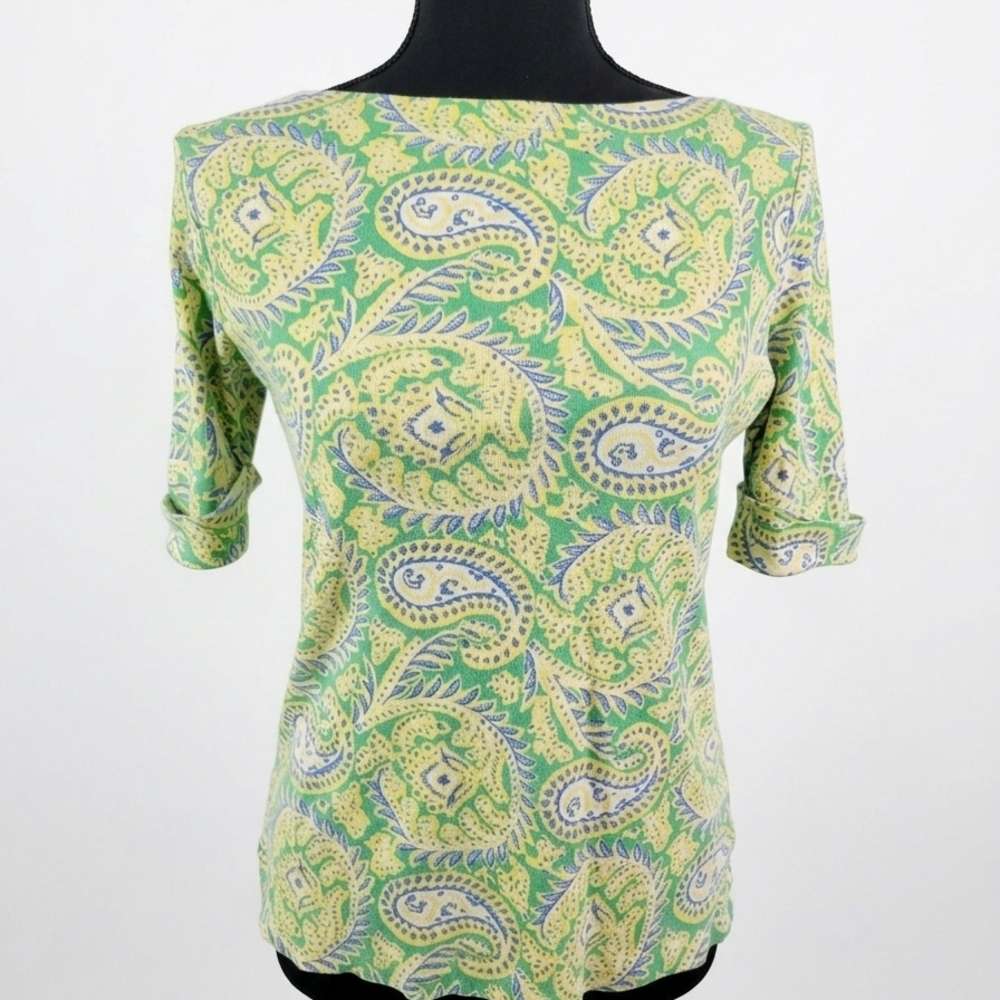 Lauren Ralph Lauren Green and Yellow Paisley Short Sleeve Top
